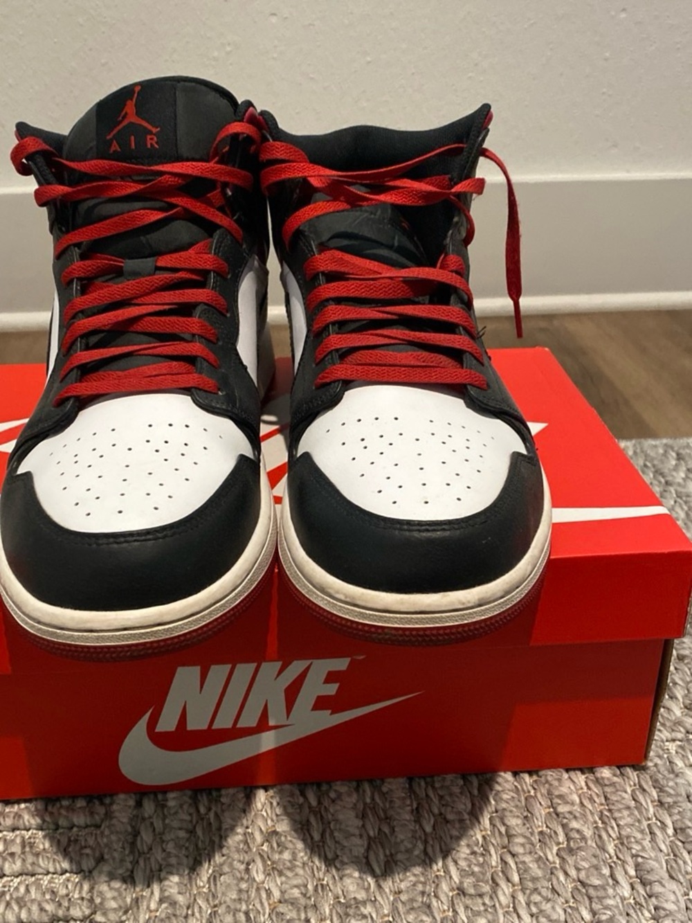 Nike Air Jordan 1 Mid Men’s Sneakers - Black/White/Red - Picture 2 of 5